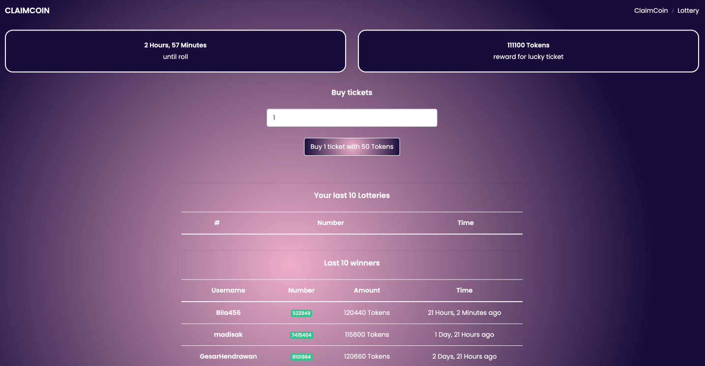 Claimcoin - lottery Tickets