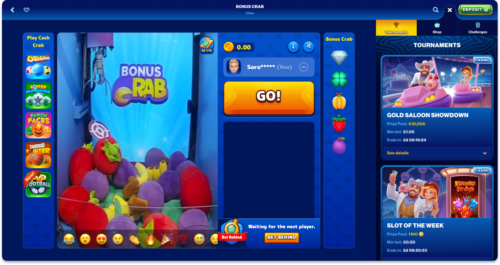 Spins of Glory claw machine interface with bonus crab mascot and prize options