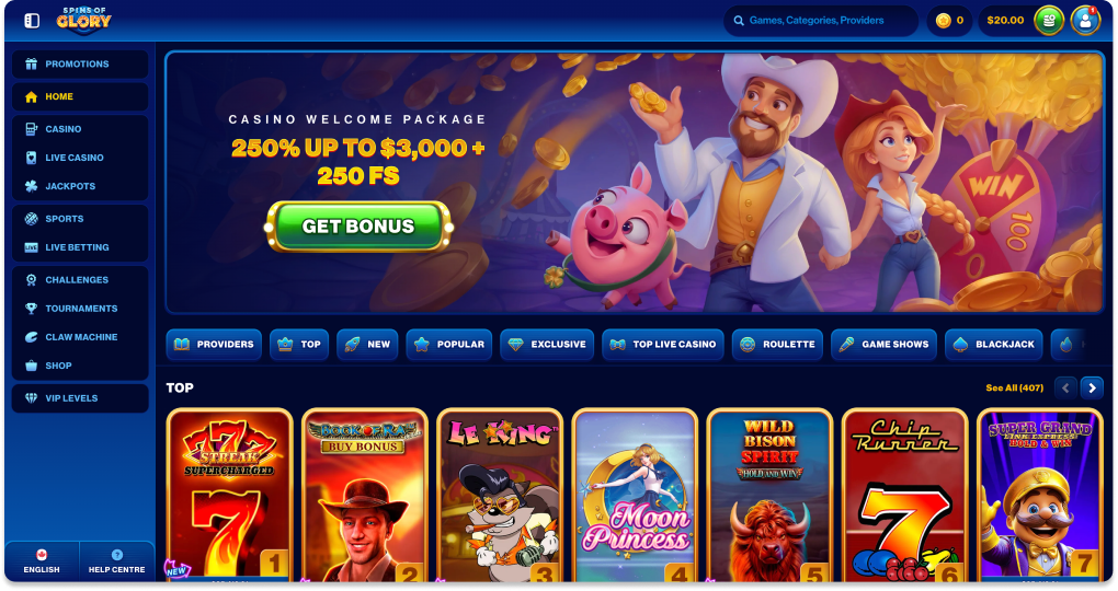Spins of Glory casino homepage showing games library and navigation menu