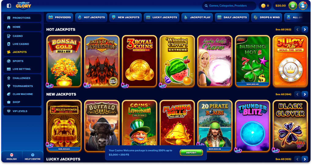 Spins of Glory jackpot games section displaying progressive jackpot slots