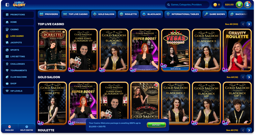 Spins of Glory live casino lobby with real dealers for blackjack, roulette, and baccarat