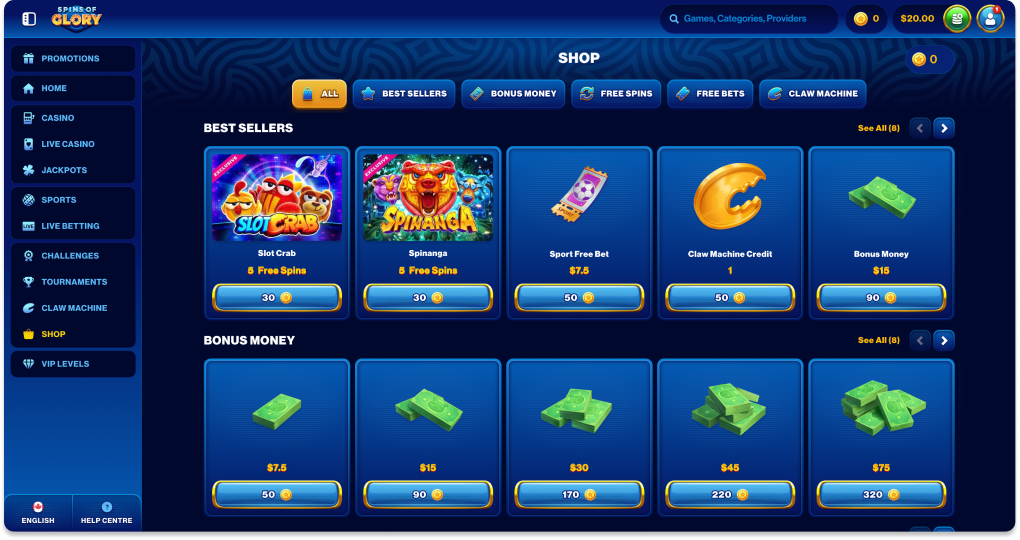 Spins of Glory shop page where star coins can be exchanged for rewards
