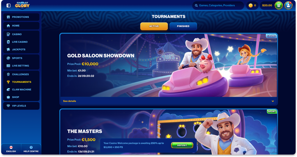 Spins of Glory tournaments page showing active competitions and prize pools