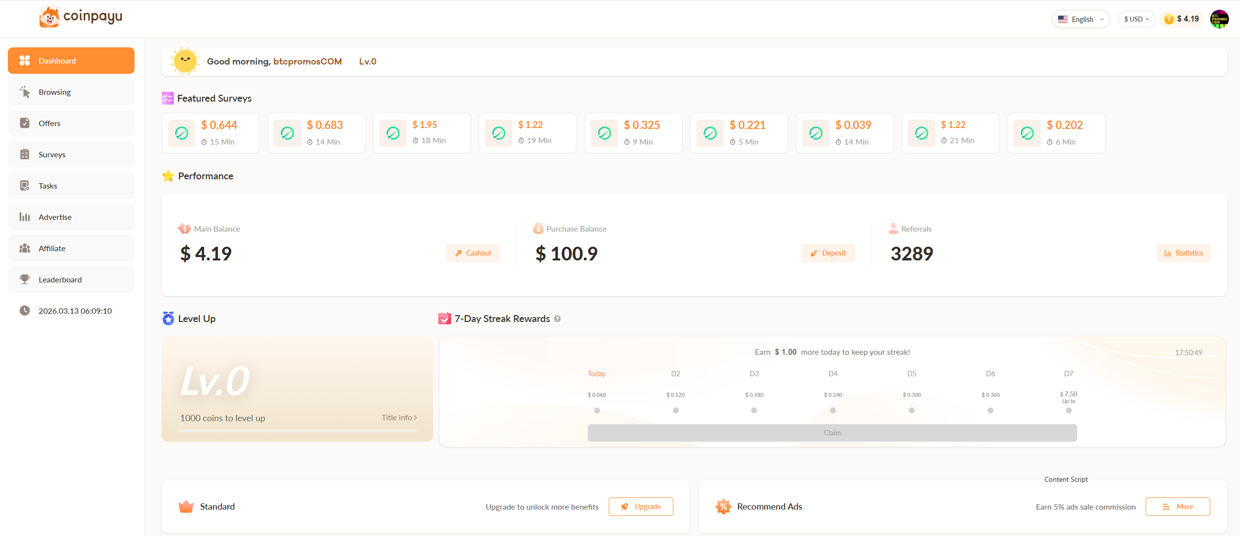 Coinpayu main dashboard showing balance and referrals