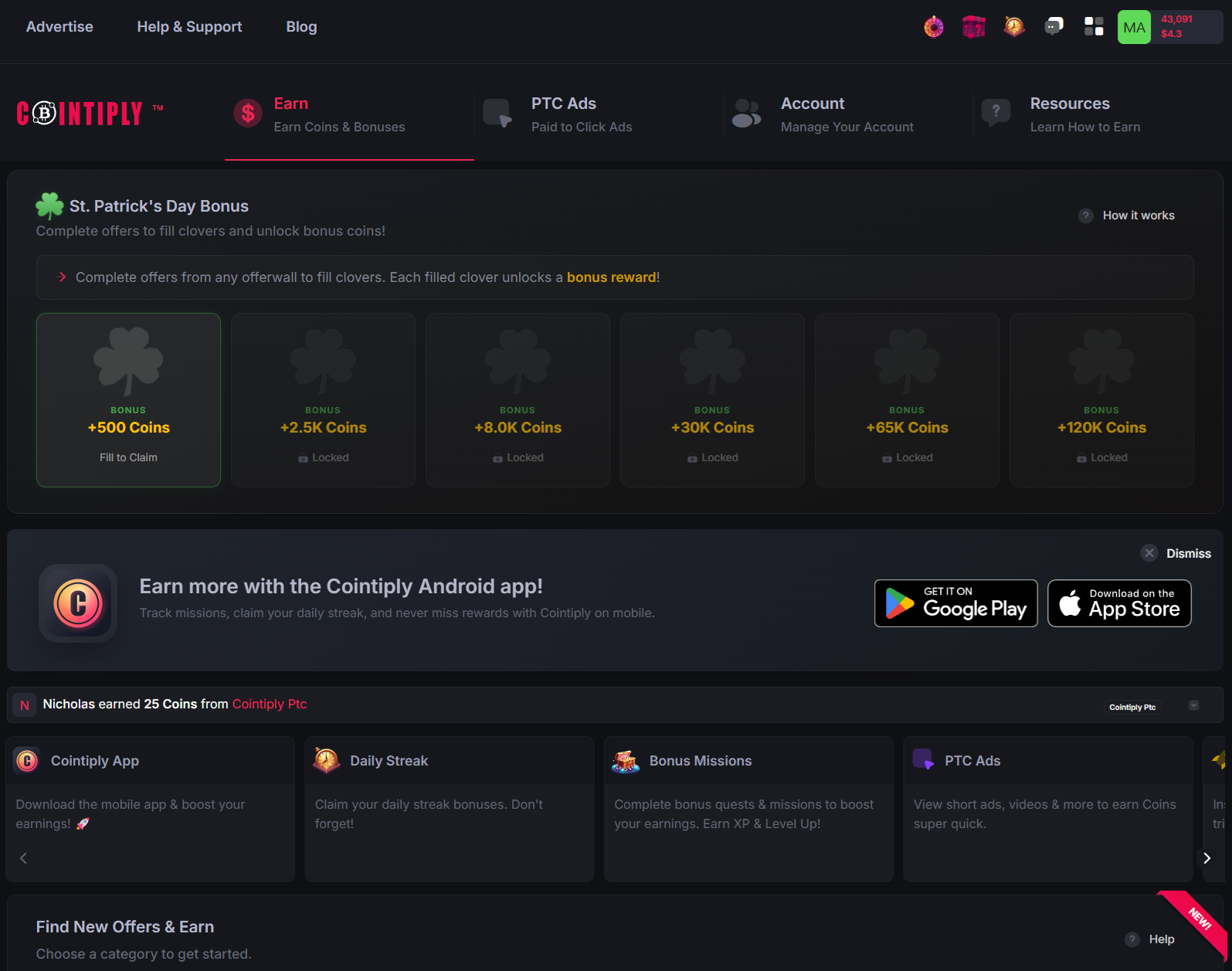 Cointiply main interface and daily streak bonus