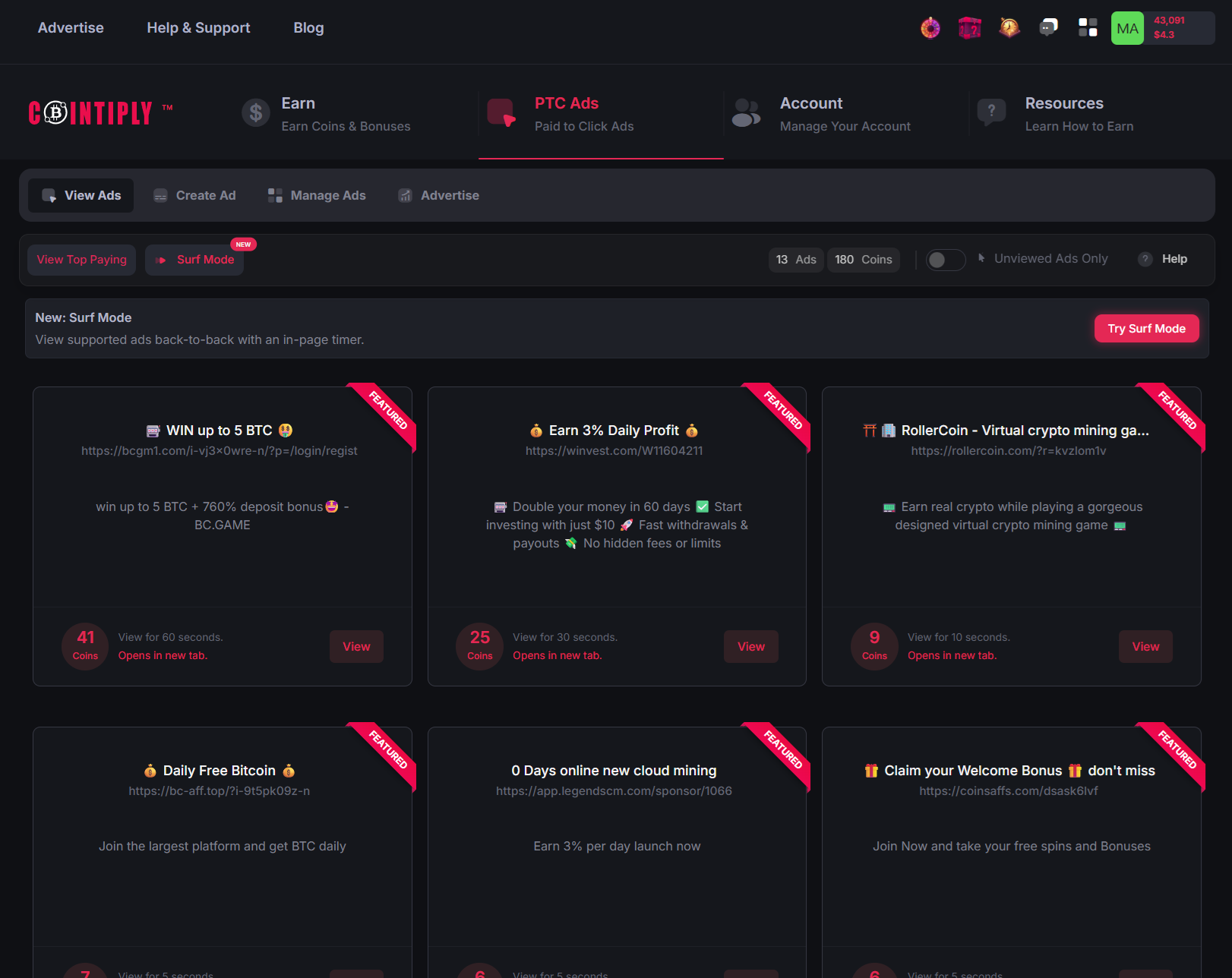 Cointiply PTC Ads and Surf Mode screen