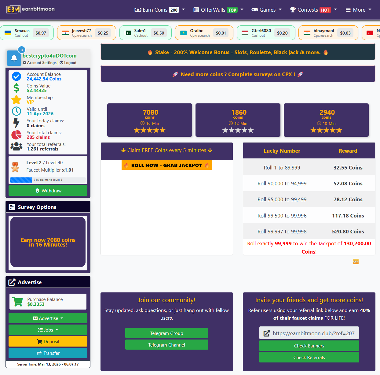My personal Earnbitmoon dashboard showing account balance and claims