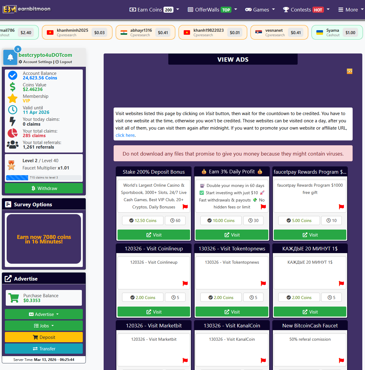 Earnbitmoon PTC Ads section with available tasks