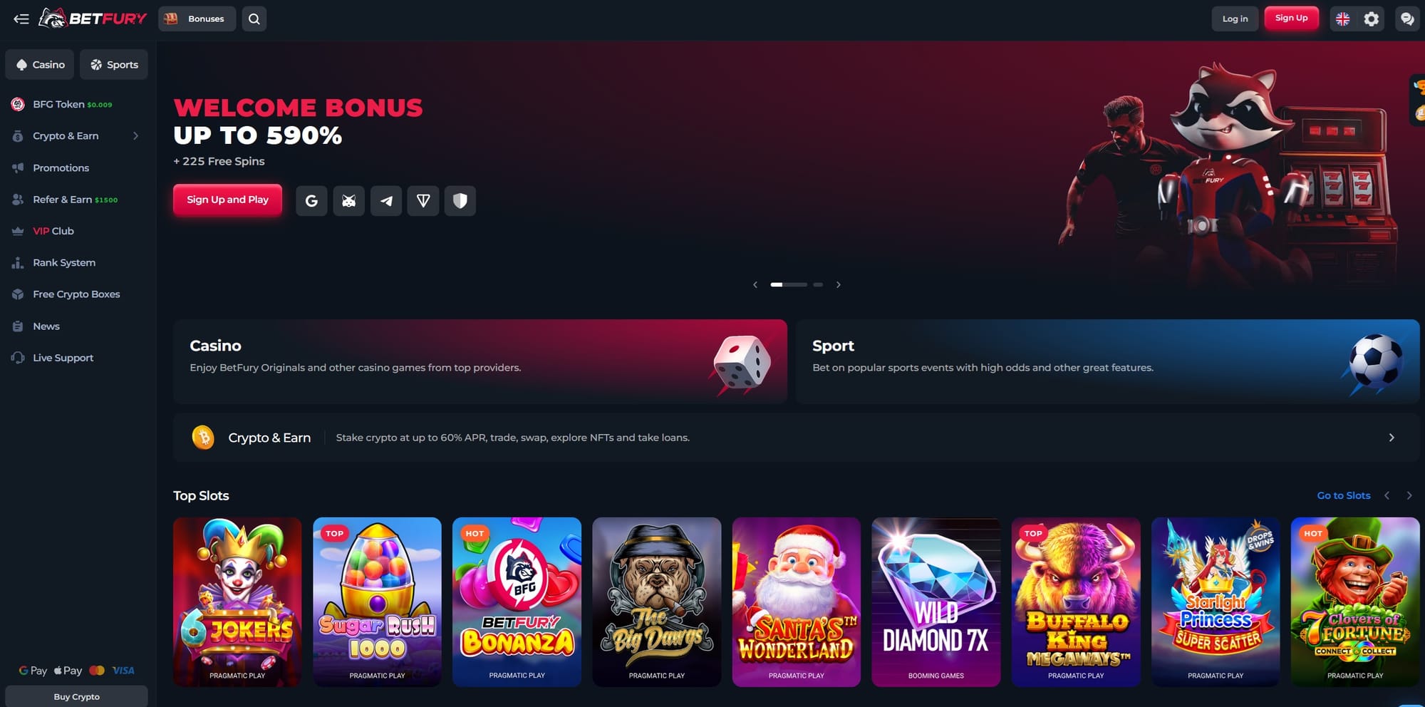 BetFury review dashboard showing promo offers, sportsbook, bonuses, and free boxes