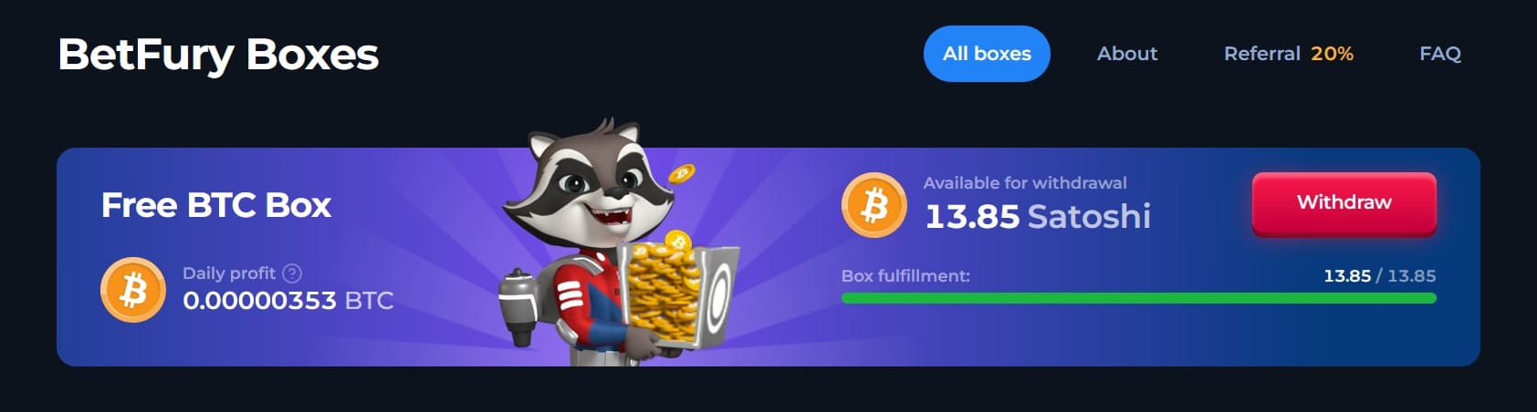 BetFury Boxes overview showing Free BTC Box and FUNFURY Box rewards