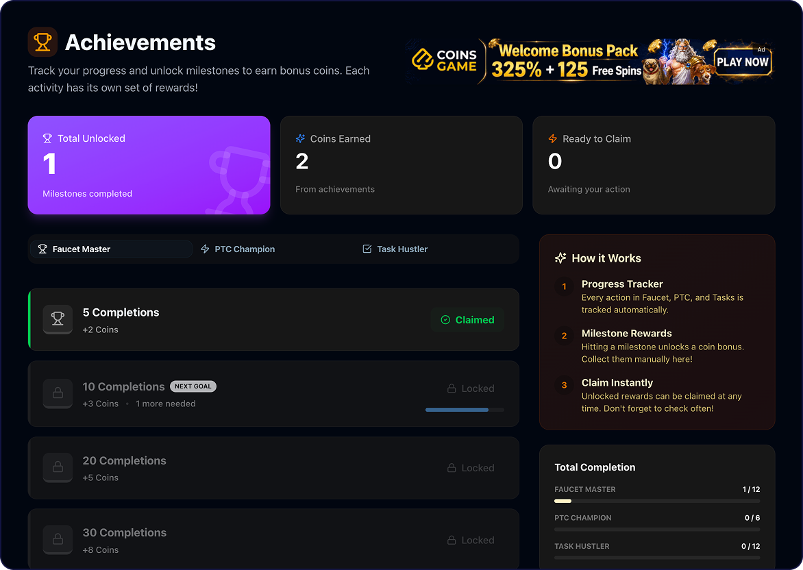 EarnFreeCoin Achievements Tracker and Activity Milestones