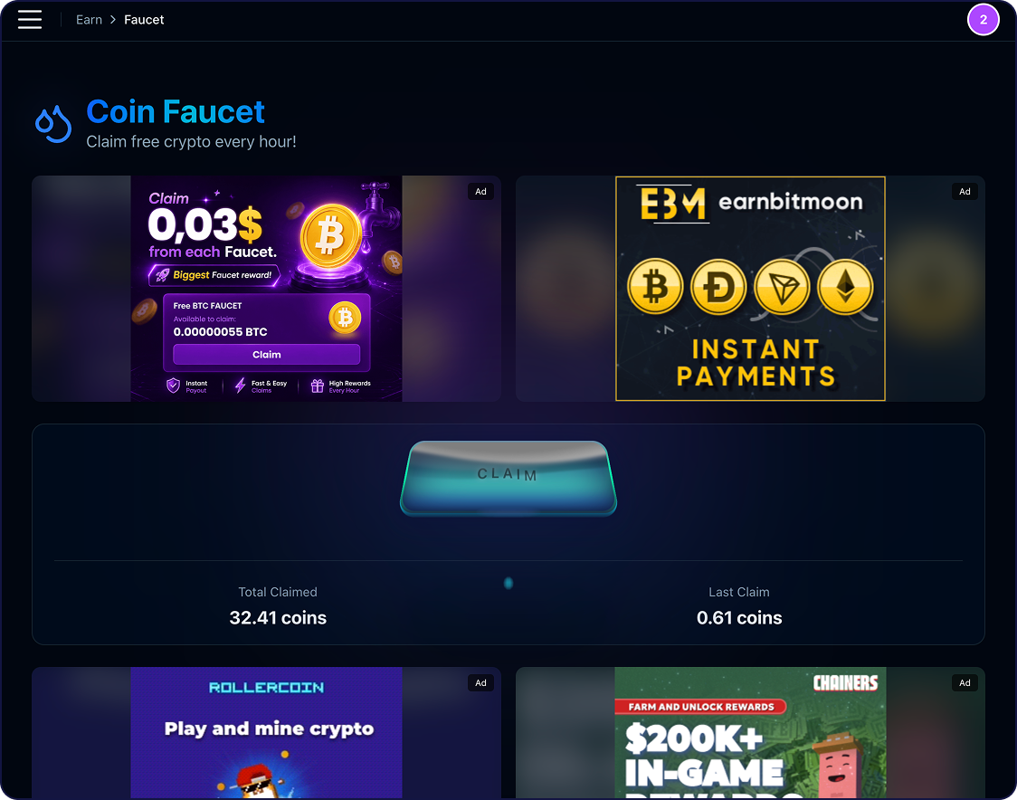 EarnFreeCoin Free Coin Faucet and Timer Claim Screen