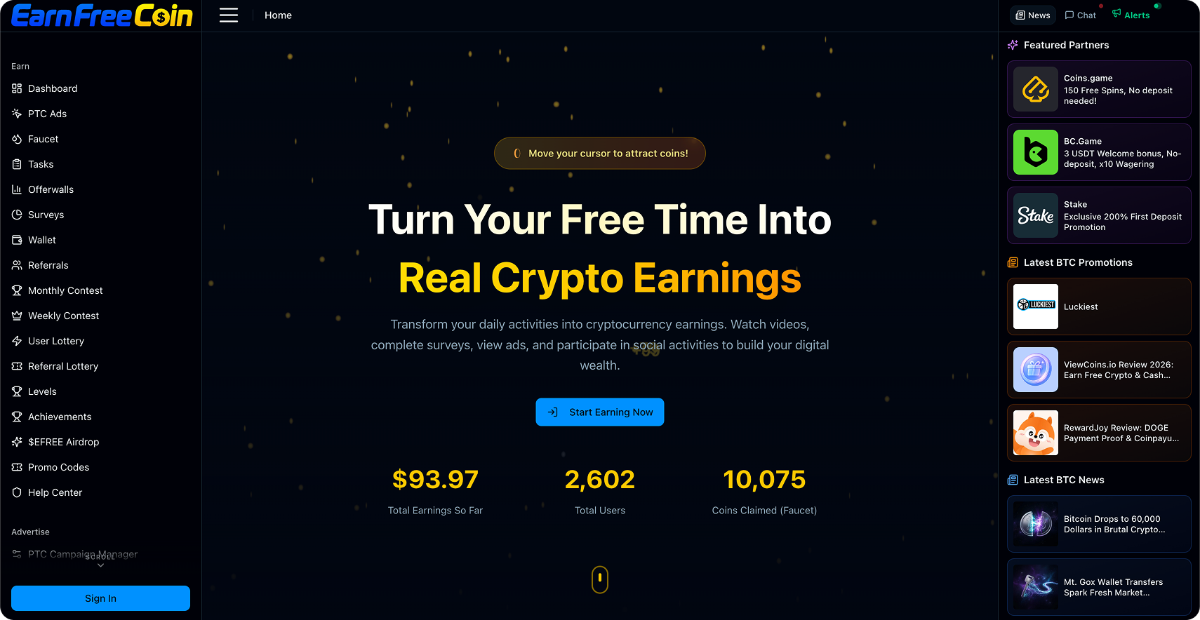 EarnFreeCoin Homepage and Landing Page Design