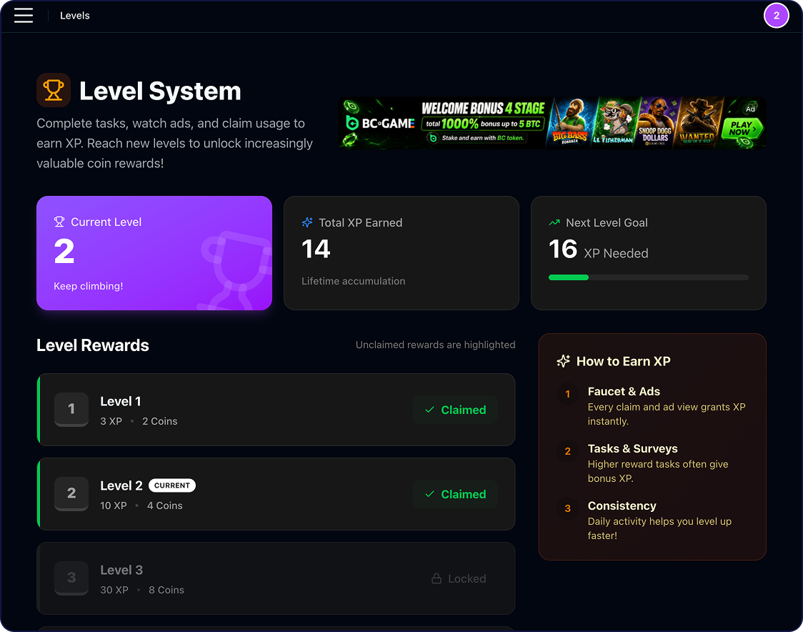EarnFreeCoin Level Up Progression and Reward System