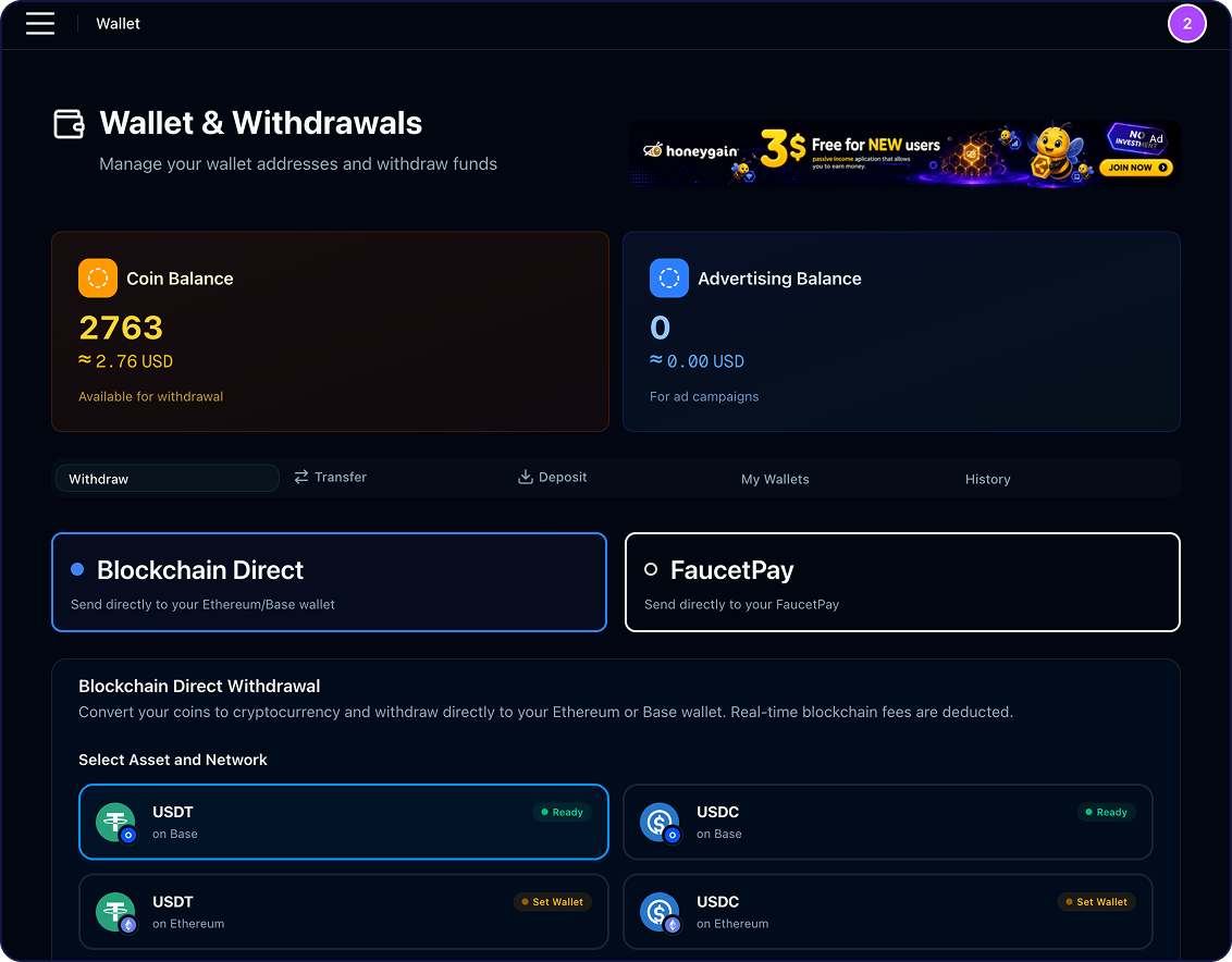 EarnFreeCoin Wallet Balance and Withdrawals Selection