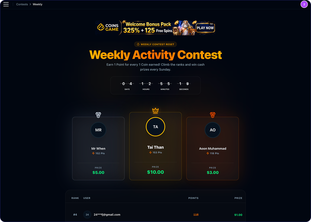 EarnFreeCoin Weekly Activity Contest Leaderboard