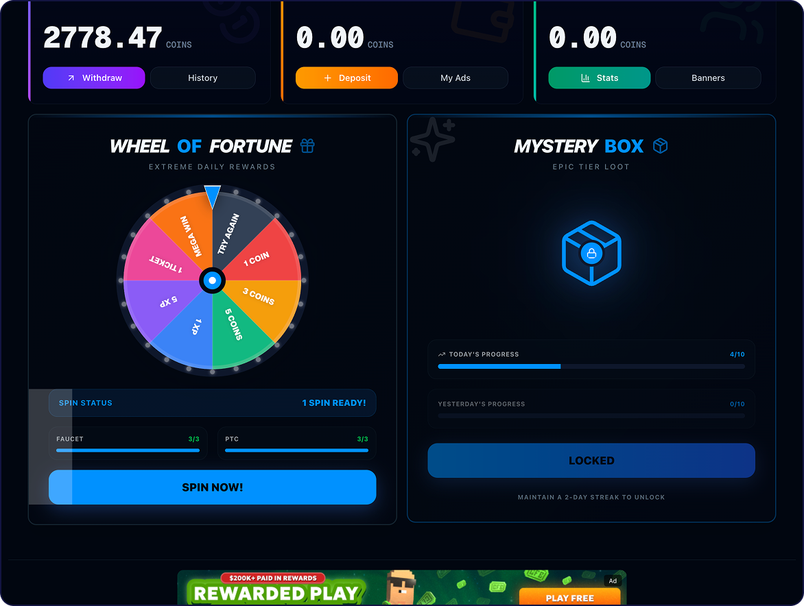 EarnFreeCoin Wheel of Fortune and Mystery Box Claim Card