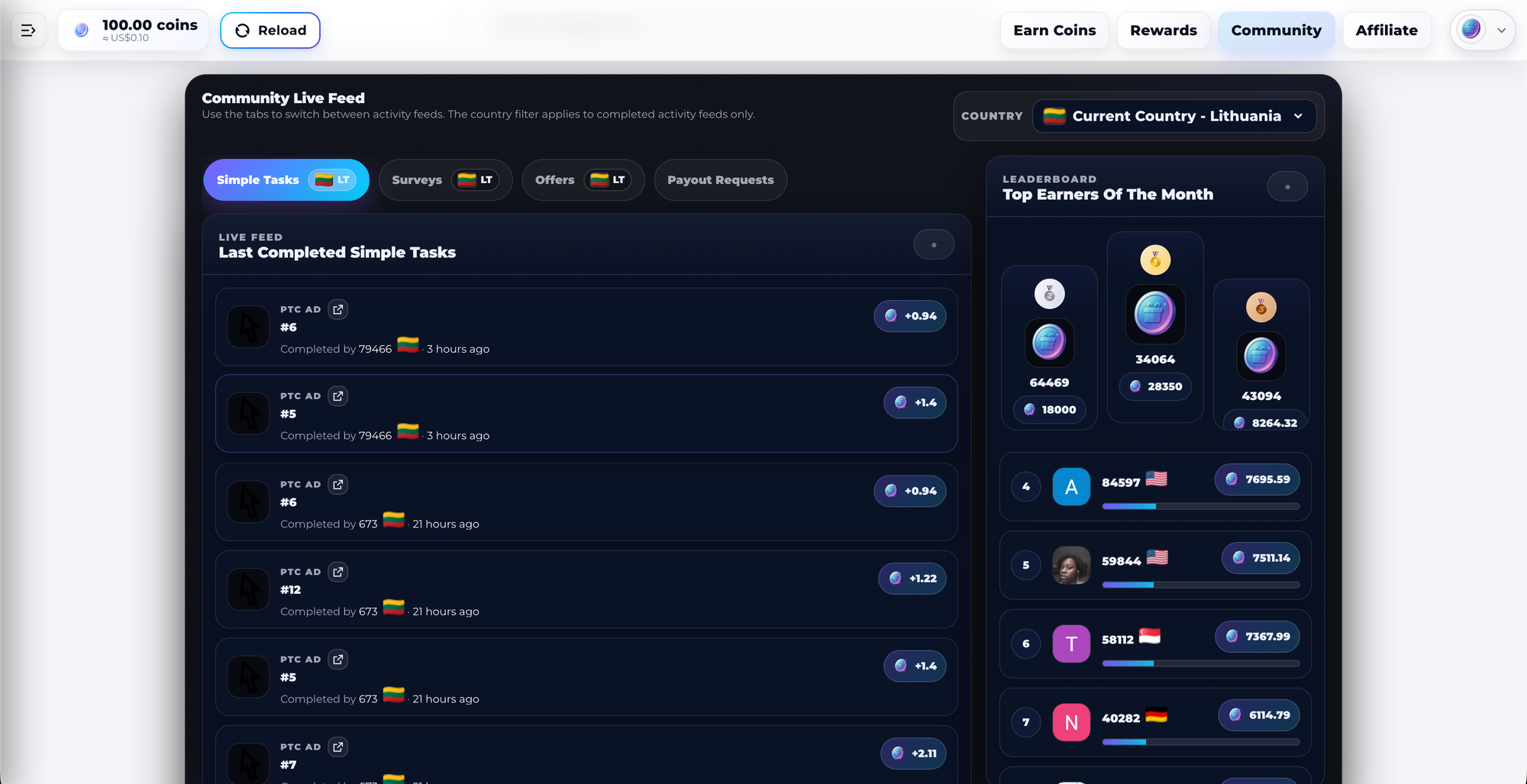ViewCoins Community Live Feed and Leaderboard