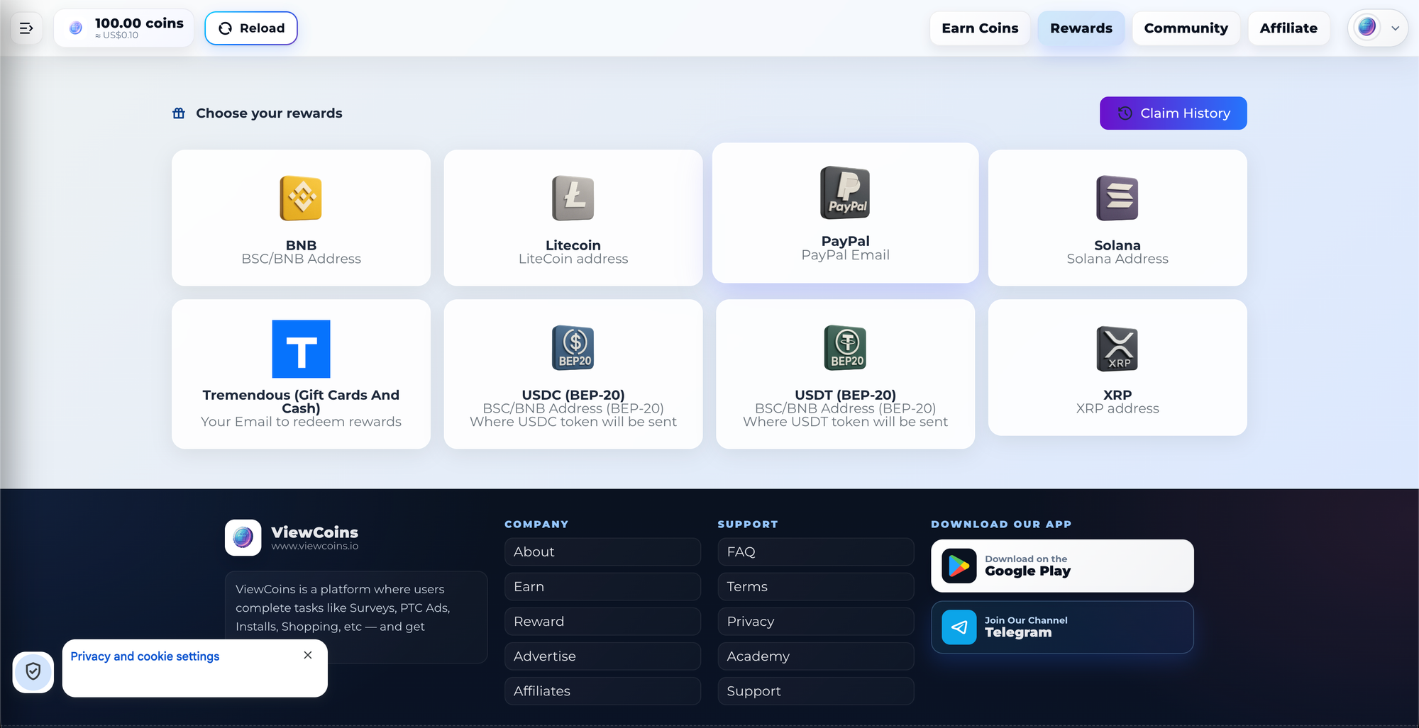 ViewCoins Rewards Selection Page