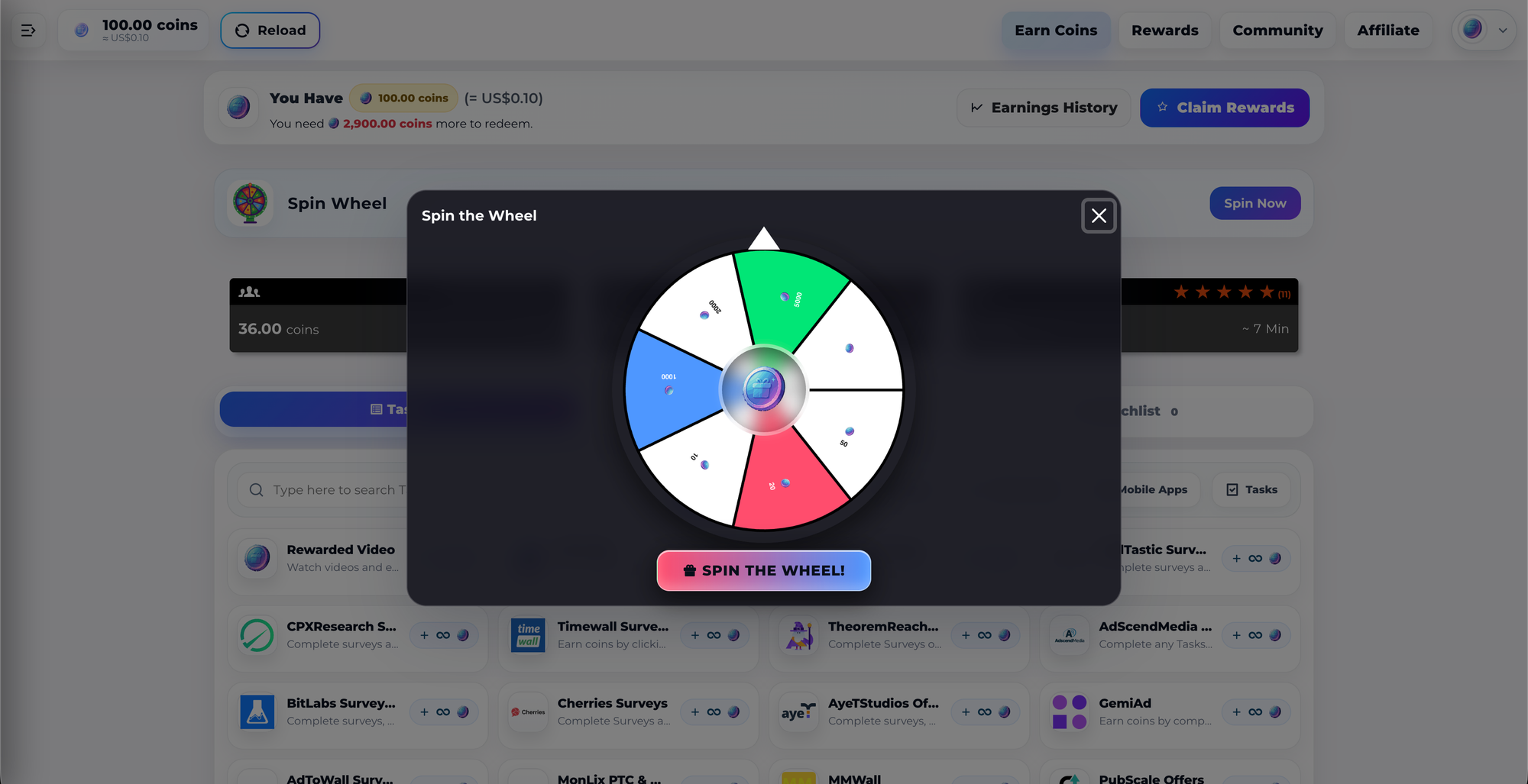 Spin the Wheel popup on ViewCoins