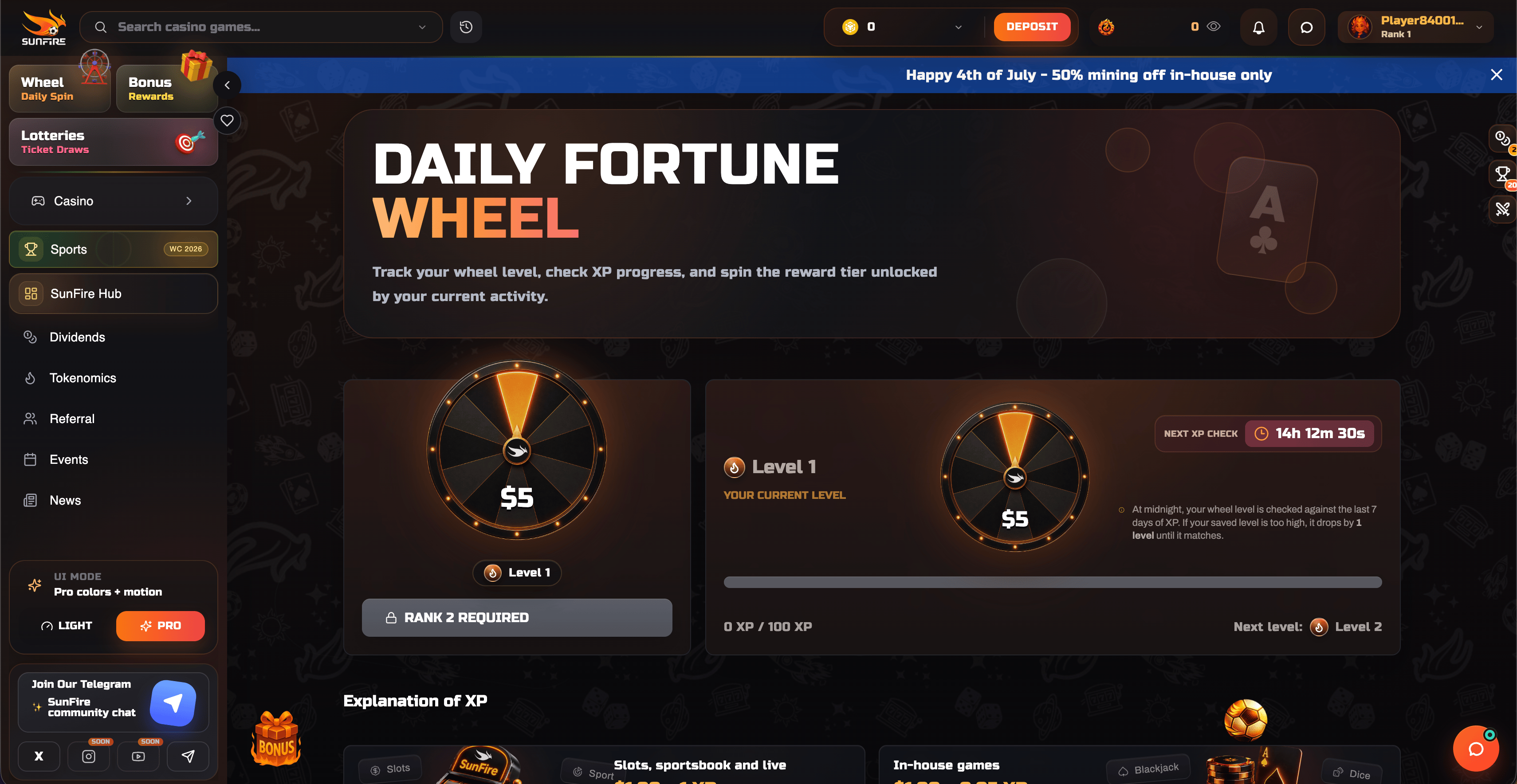Sunfire Daily Fortune Wheel and XP System