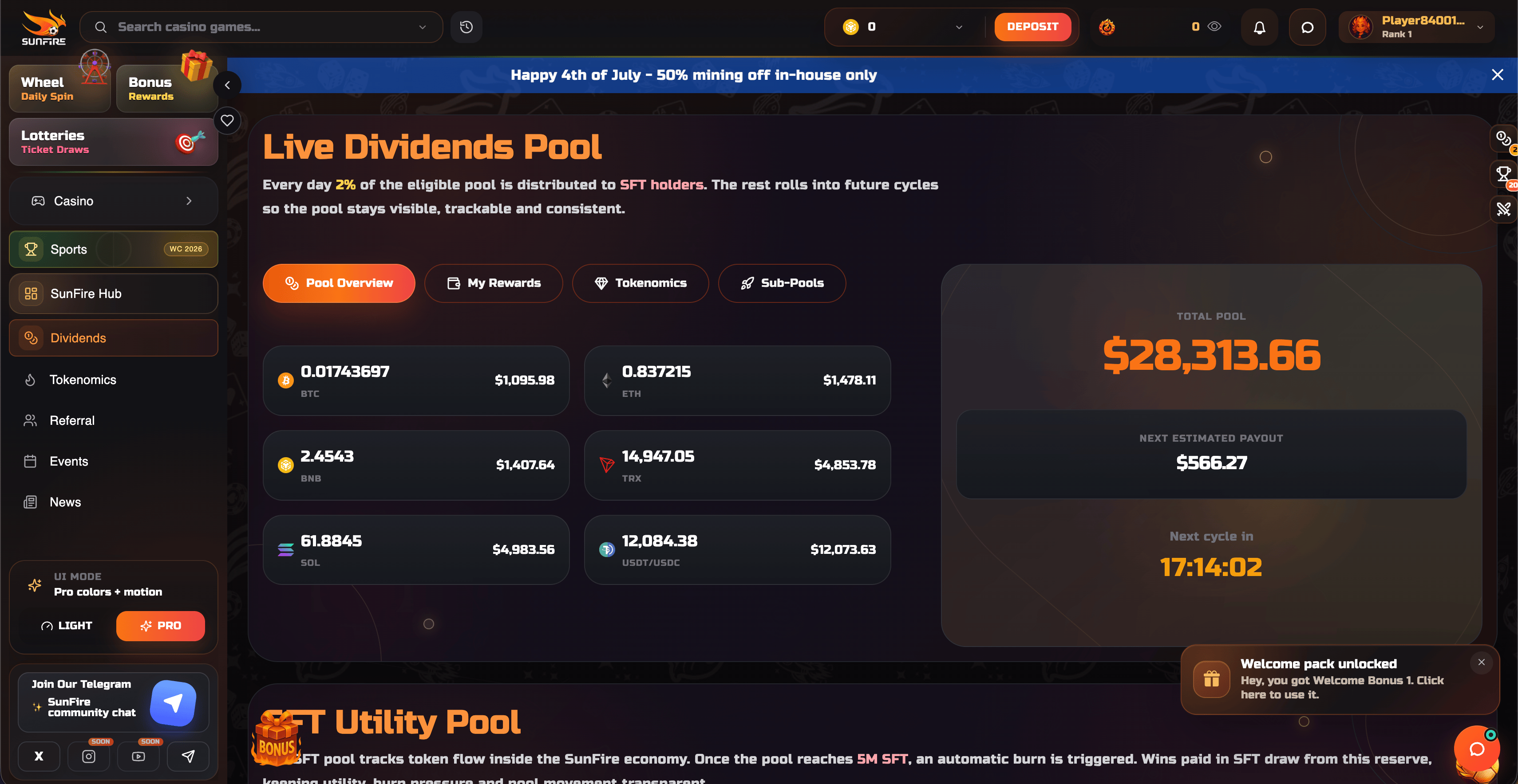 Sunfire Live Dividends Pool Dashboard