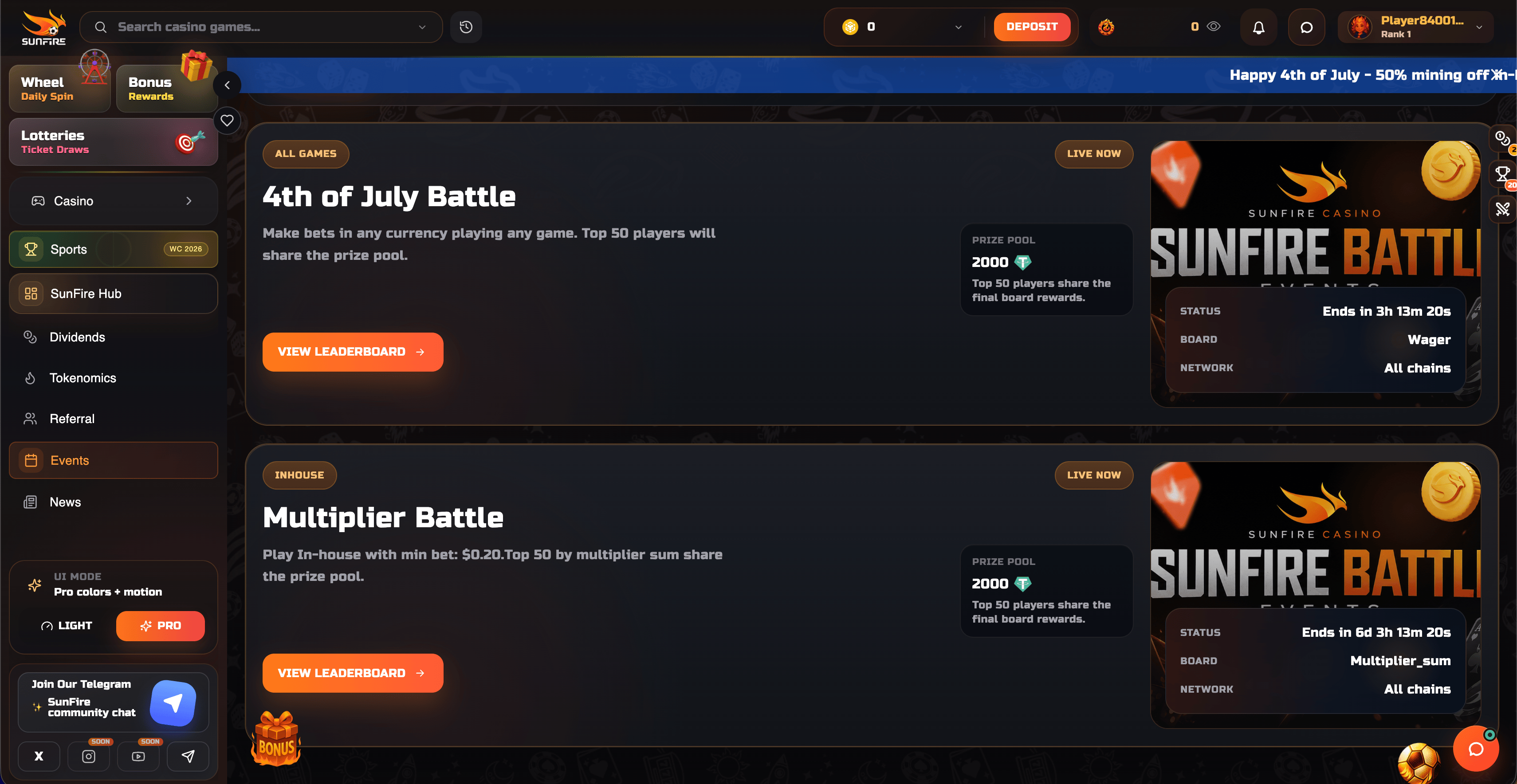 Sunfire Wager Battles and Leaderboard Events