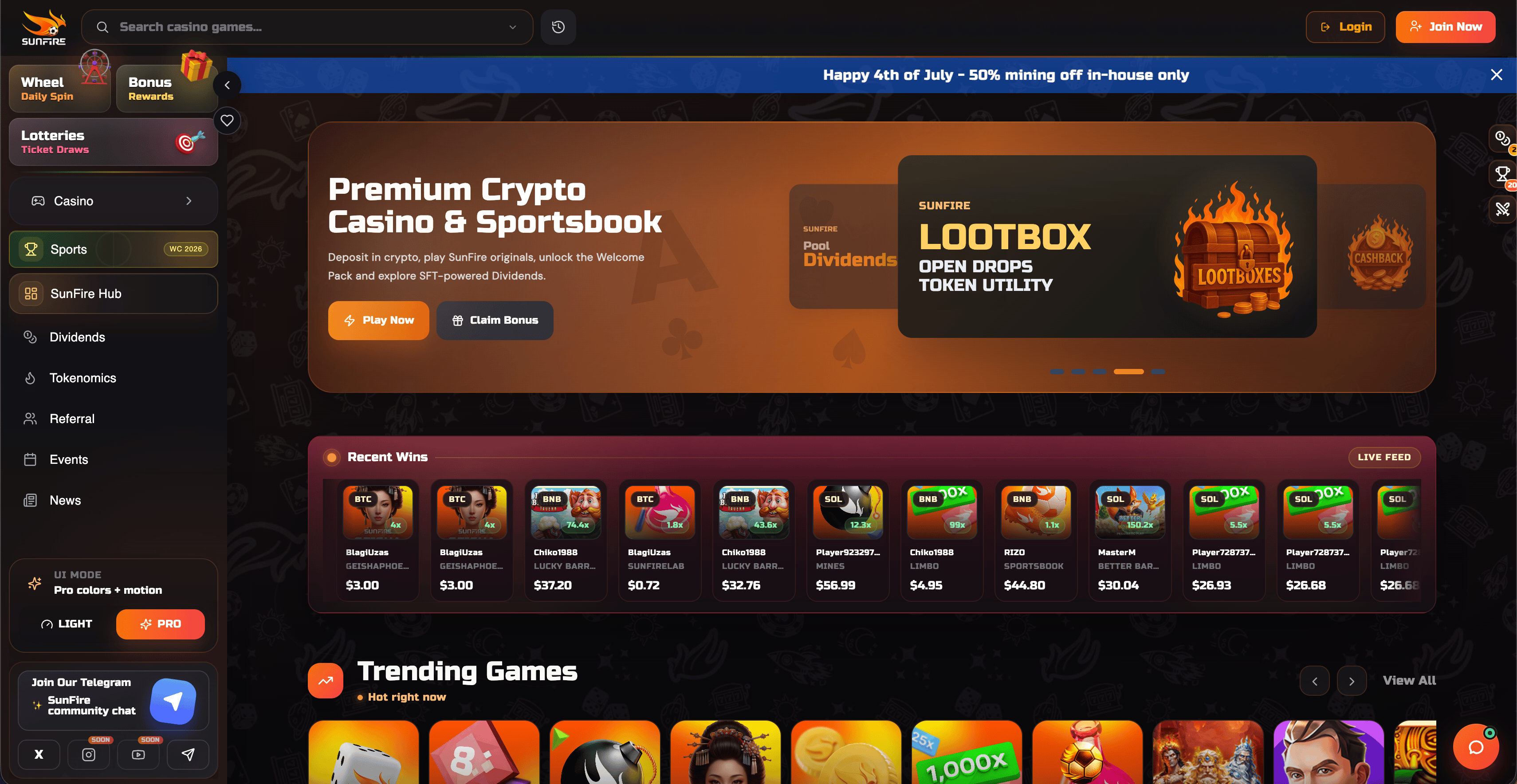 Sunfire Casino Homepage and Live Dividend Banner