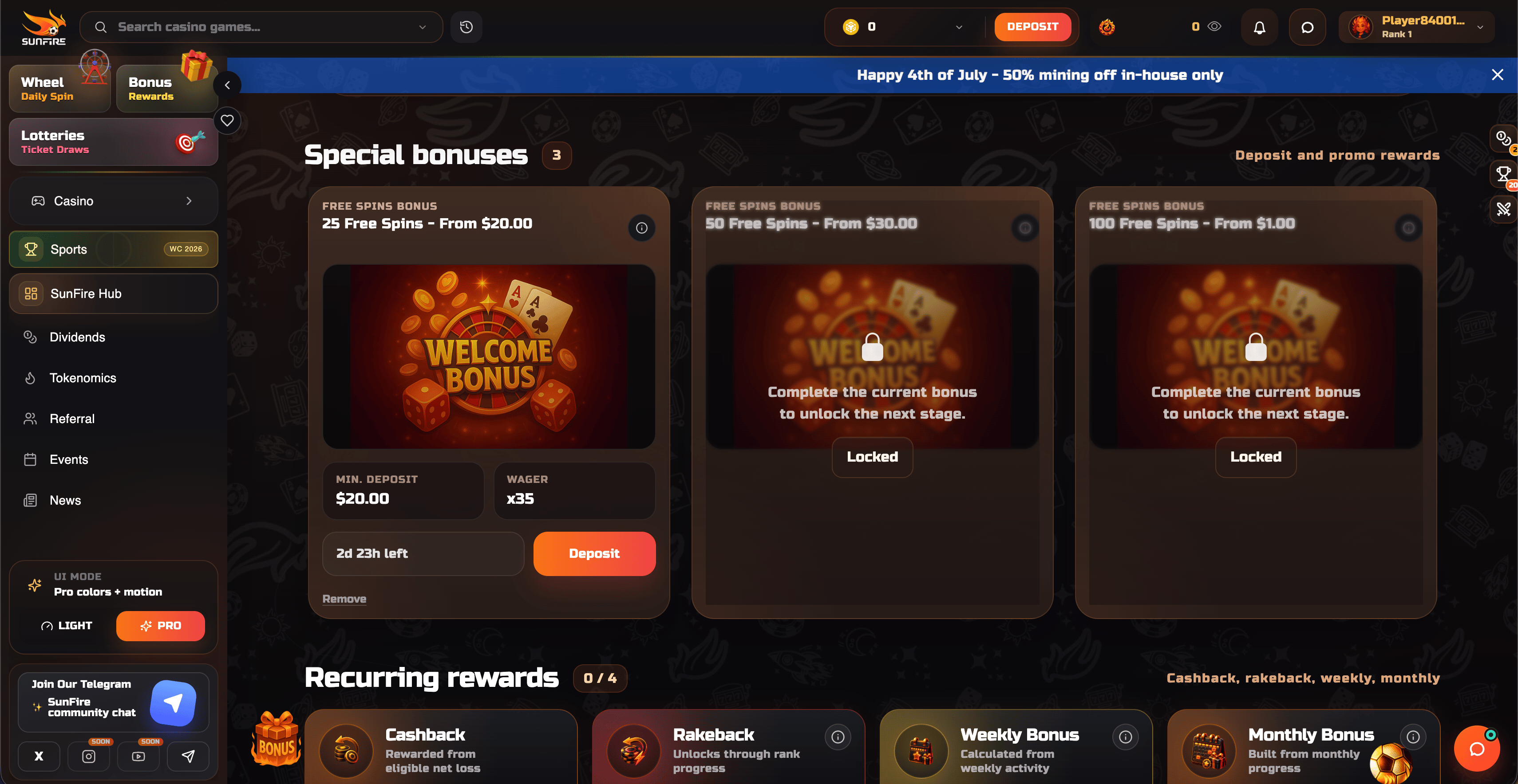 Sunfire Casino Special Bonuses and Stage Promotions