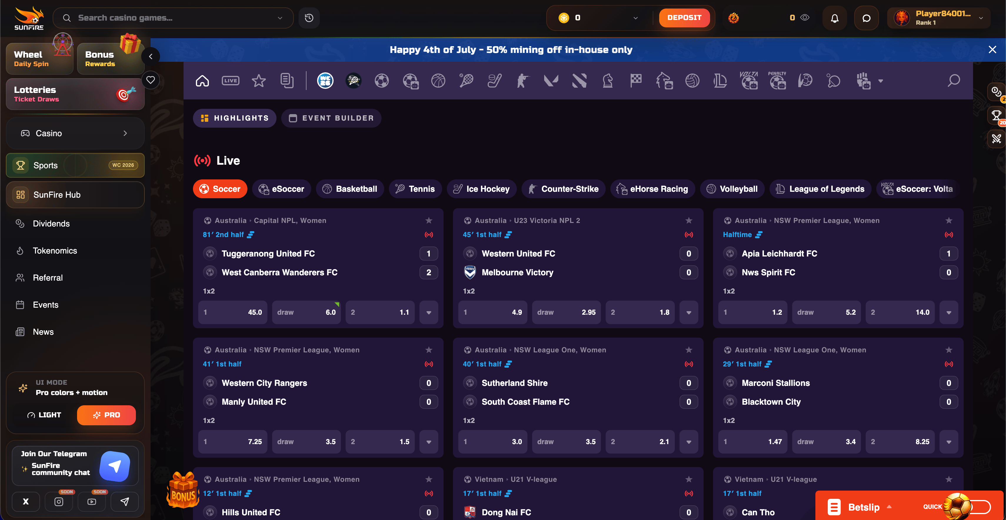 Sunfire Sportsbook interface